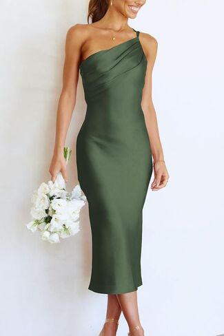 PRETTYGARDEN Women's Midi Satin Dress One Shoulder Spaghetti Strap Backless Ruched Summer Bodycon Dresses in Kuwait