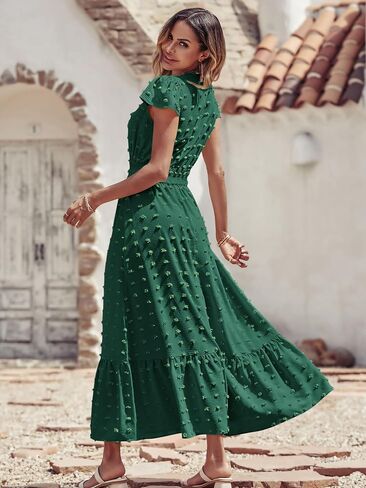 PRETTYGARDEN Womens Dresses 2023 Boho Dress Short Sleeve V Neck Swiss Dot Ruffle Tiered Maxi Dress Smocked Cocktail Dresses in Saudi Arabia