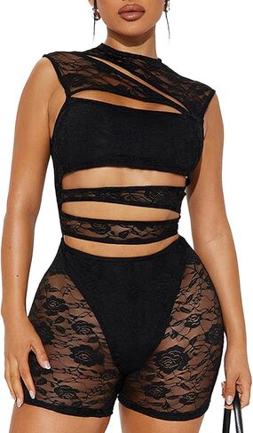 Lace Rompers for Women Sleeveless Short Jumpsuits Hollow Out Mesh See Through Bodysuit Club Tank Top 2025 in Saudi Arabia