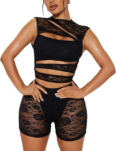 Lace Rompers for Women Sleeveless Short Jumpsuits Hollow Out Mesh See Through Bodysuit Club Tank Top 2025 in Saudi Arabia