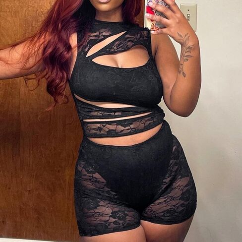 Lace Rompers for Women Sleeveless Short Jumpsuits Hollow Out Mesh See Through Bodysuit Club Tank Top 2025 in Saudi Arabia