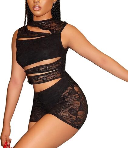 Lace Rompers for Women Sleeveless Short Jumpsuits Hollow Out Mesh See Through Bodysuit Club Tank Top 2025 in Saudi Arabia