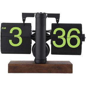 Digital Flip Clock,12h Single Sided Large Numbers Automatic Retro Mechanical Flip Clock Wood Base for Home Office, (Frosted Black Frame Green Page), Generichog3bexsw2-13