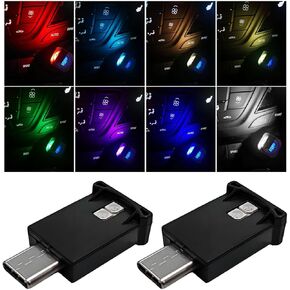2 PCS USB Type C LED Ambient Light, Adjustable Brightness 8 Color RGB LED Interior Lighting, Mini USB Night Atmosphere Lamp for Car Home Decoration, Universal Car Interior Accessories