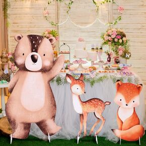 Leinuosen 3 Pcs Large Woodland Party Stand Decorations Set 23-35 Inch Woodland Baby Shower Decoration Bear Fox Deer Cardboard Cutouts Forest Theme Photo Booth Prop for Nursery Birthday Party Supplies