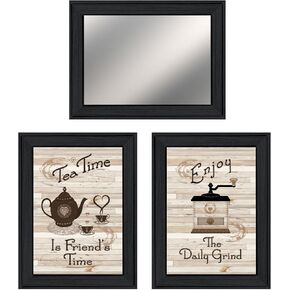 Set Of Three Enjoy Tea Time Black Framed Kitchen Wall Art and Mirror
