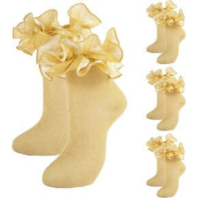 Women Gold Glittery Ruffle Ankle Socks,Adult Double Lace Golden Sparkling Frilly Socks with Ruffles Cute Ruffled Bobby Dress Sock for Woman, 4 Pairs/Size 6-11