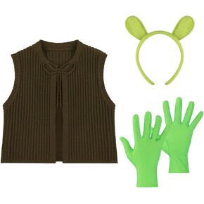 Mepase 3 Pcs Halloween Ogre Cosplay for Adult Green Man Costume Ogre Ears Gloves Brown Vest for Halloween Cosplay Party Favor