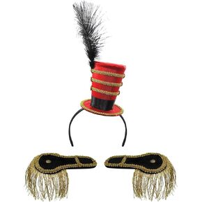 Nicky Bigs Novelties Mini Ringmaster Hat Headband and Black Shoulder Epaulettes Gold Fringe Costume Accessory Set