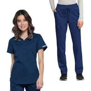 مجموعة شيروكي فرك للنساء V -neck Scrub Top WW601 Mid Rise Inpeded Leg Squartring Scrub Pant WW105 ، Navy - L Top/L Pant