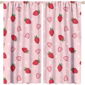 Pink Red Strawberry Rod Pocket Blackout Curtains for Living Room,Insulated Girls Cartoon Cute Fruit Strawberry Print Bedroom Curtains,2 Panels 45L x 21W