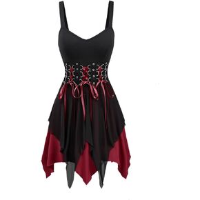 Retro Womens Dress Vampire Backless Sleeveless Gothic Lace-up D-Ring Backless Vintage Punk Mini Dress