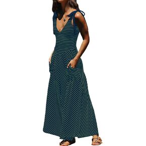 Casual Summer Maxi Dresses Striped Smocked V Neck Sleeveless Sundress Tie Strap Flowy Beach Long Dress with Pockets