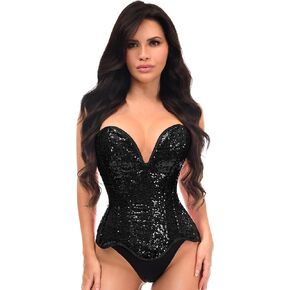 Daisy corsets Womens Top Drawer Steel Boned Black Sequin Plunge Neckline Overbust Corset