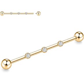 FUNLMO Industrial Piercing Jewelry Gold Industrial Bar Titanium Helix Conch Piercing Jewelry Cartilage Earring Industrial Barbell 14G 38mm CZ