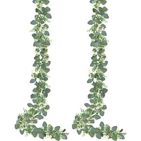 Sggvecsy 2 Pack Artificial Eucalyptus Garland Eucalyptus Leaves Vines Greenery Garland Faux Silver Dollar Eucalyptus Leaves for Table Party Wedding Indoor Outdoor Home Mantle Wall Decor