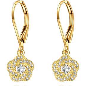 DOVRAN 14K Solid Gold Flower Moissanite Dangle Earrings Trendy Leverback Earrings for Women Birthday Anniversary Day Gifts