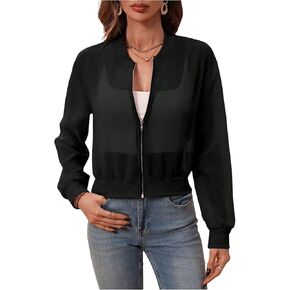 Verdusa Women's See Through Bomber Jacket Zip Up Long Sleeve Spring Outwear