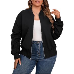 SOLY HUX Women's Plus Size Bomber Jacket Zip Up Drop Shoulder Long Sleeve Fall Jacket Casual Outerwear