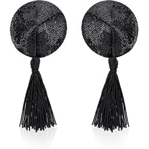 1 Pair Nipple Covers Women Reusable Breast Pasties Round Breast Bra with Sequins Tassel Adhesive Breast Pads Stickers Black