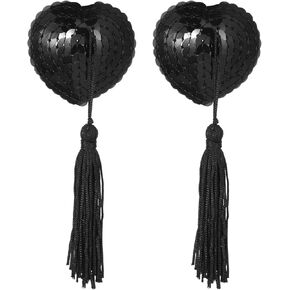 2 Pcs Reusable Nipple Pasties, Silicone Heart-Shaped Nipple Bra with Tassels Adhesive Pasties Nipple Covers for Women (Black)