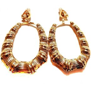 Clip-on Earrings Oval Bamboo Hoop Earrings Gold Tone 2.5 inch Long