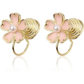 Pink Flower Earrings for Women, Delicate Cherry Blossom Stud Earrings No Piercings Pink Flower Clip on Earrings Sweet Pink Flower Pearl Earrings Cherry Blossom Floral Earrings Gifts for Women