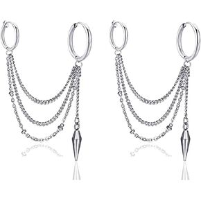 Hip Hop Stainless Steel Tube Circle Clip On Hoop Earrings Tassel Chain Dangle Earrings,2PCS