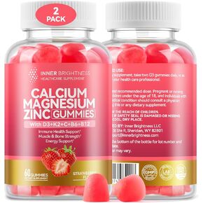2 Pack Calcium Magnesium Zinc Gummies with Vitamin D3, K2, B12 & B6 for Women and Men, Calcium Citrate with Boron, Copper and Ashwagandha for Bone, Muscles, Calm Mood & Sleep Support, Immune Health