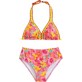 Girl's 2 Piece Floral Print Swimsuits Halter Triangle Bikini Boho High Waisted Bathing Suit