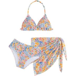 Girl's 3 Piece Swimsuit Floral Bikini Set High Waisted Bathing Suit Halter Swimsuit with Cover Ups Beach Skirt
