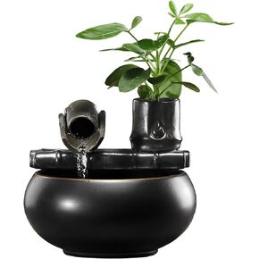 Homaisson Ceramic Tabletop Fountain Indoor, Ceramic Design with Bamboo Water Feature, Black Gloss Finish, Desktop Decor