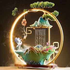 Crane Tabletop Water Fountains Indoor Waterfall Desktop Fountain for Meditation with Mist Japanese Fountain with Fake Plants Feng Shui Office Home Decor for Good Luck Wealth (Crane)