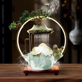 Ceramic Water Fountain Indoor, Mist Water Indoor Waterfall Fountain with LED, Buddha Water Fountain Indoor with Backflow Incense Holder, Chinese Feng Shui Tabletop Fountain for Wealth-Booming Luck