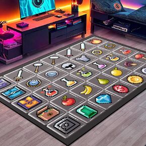 Game Rug Teen Boys Carpet with Pixel Games Element Items Decoration Mat, Weapon Medical Game Rugs for Boy’s Bedroom Living Room Playroom, Non-Slip Children Gaming Area Rugs (Grey, 70" x 55")