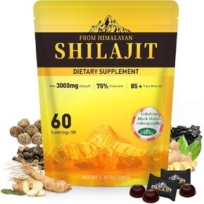 Pure Himalayan Shilajit Gummies 3000mg with 85+ Trace Minerals & Fulvic Acid, 100% Natural&Organic, No Added Sugar, Lab Tested, Gold Grade Shilajit Gummies for Men & Women (60 Individually Packaged)