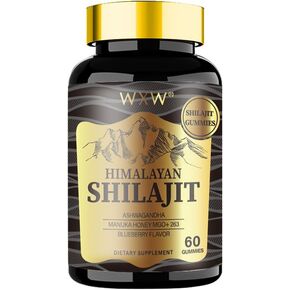 WXW Shilajit Gummies Pure Himalayan Organic Ashwagandha Manuka Honey MGO +263 Cured 3 in 1 Gummies High Potency for Men & Women 85+ Trace Minerals 75% Fulsive Acid 60 Gummies Blueberry Flavour