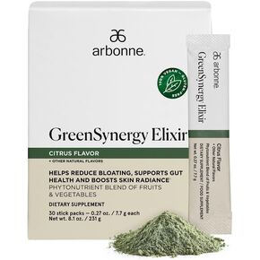 Arbonne GreenSynergy Elixir – Citrus-Flavored Greens Powder with 13 Digestive Enzymes, Vegan Collagen Builder, Probiotics, and Prebiotics – Supports Gut Health and Digestion – 30 Stick Packs