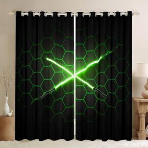 Castle Fairy Honeycomb Hexagon Curtain,Green Neon Light Lightsaber Window Drapes for Girls Boys,Kids Fashion Gamer Room Decor Window Treatment Curtains for Living Room, 38Wx45L inch
