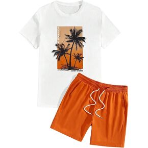 Men's 2 Piece Big and Tall Vacation Set Plus Size Tropical Graphic Short Sleeve T-Shirt and Drawstring Waist Shorts