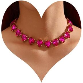 Rose Red Heart Crystal Collar Choker Crystal Rhinestone Choker Necklace Bohemian Heart Crystal Necklace Sparkly Rhinestone Crystal Choker Necklace for Wedding Party for Women