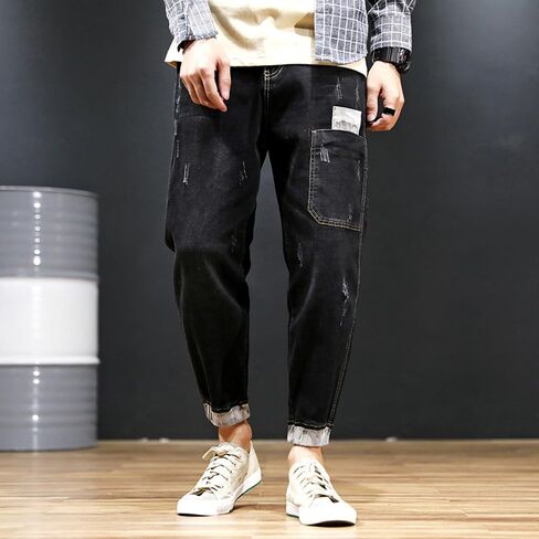 Men's Vintage Ripped Hip Hop Jeans Distressed Side Pocket Stretch Denim Pants Patches Slim Fit Harem Jean Trousers in Kuwait