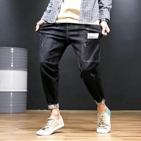 Men's Vintage Ripped Hip Hop Jeans Distressed Side Pocket Stretch Denim Pants Patches Slim Fit Harem Jean Trousers in Kuwait