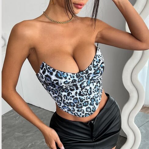 Women Leopard Strapless Corset Crop Top Sexy Bustier V Neck Low Cut Backless Lace Up Tube Tops Party Club Streetwear in Saudi Arabia