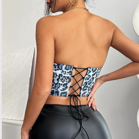 Women Leopard Strapless Corset Crop Top Sexy Bustier V Neck Low Cut Backless Lace Up Tube Tops Party Club Streetwear in Saudi Arabia