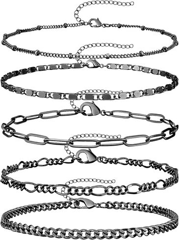 Sterling Silver Ankle Bracelet for Women Girls Dainty Link Paperclip Cuban Stake Adjustable Layered Silver Anklet Set Fashion Jewelry Gifts in Kuwait