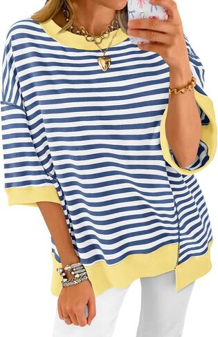 BTFBM Women Oversized Striped T Shirts Short Sleeve Summer Tops Casual Loose Crewneck High Low Hem Color Block Y2k Tees in Saudi Arabia
