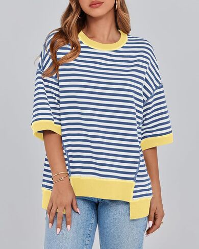 BTFBM Women Oversized Striped T Shirts Short Sleeve Summer Tops Casual Loose Crewneck High Low Hem Color Block Y2k Tees in Saudi Arabia