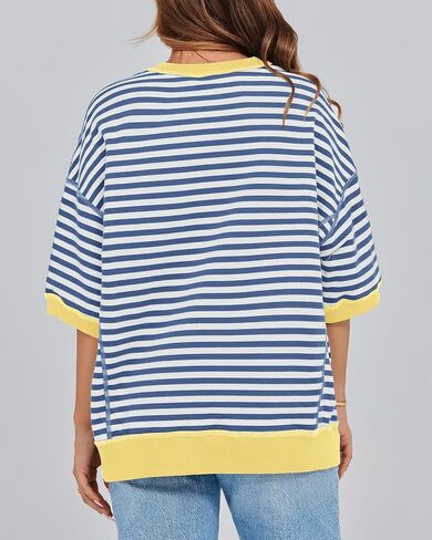 BTFBM Women Oversized Striped T Shirts Short Sleeve Summer Tops Casual Loose Crewneck High Low Hem Color Block Y2k Tees in Saudi Arabia