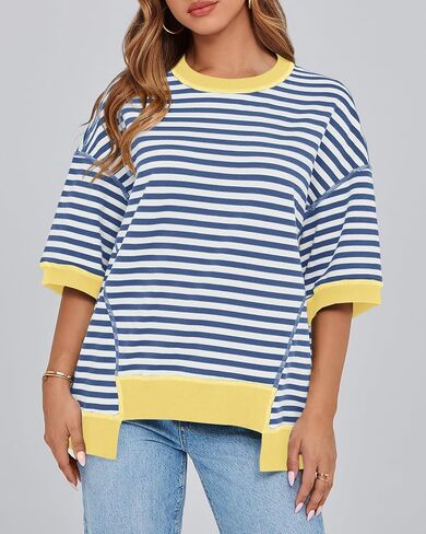 BTFBM Women Oversized Striped T Shirts Short Sleeve Summer Tops Casual Loose Crewneck High Low Hem Color Block Y2k Tees in Saudi Arabia